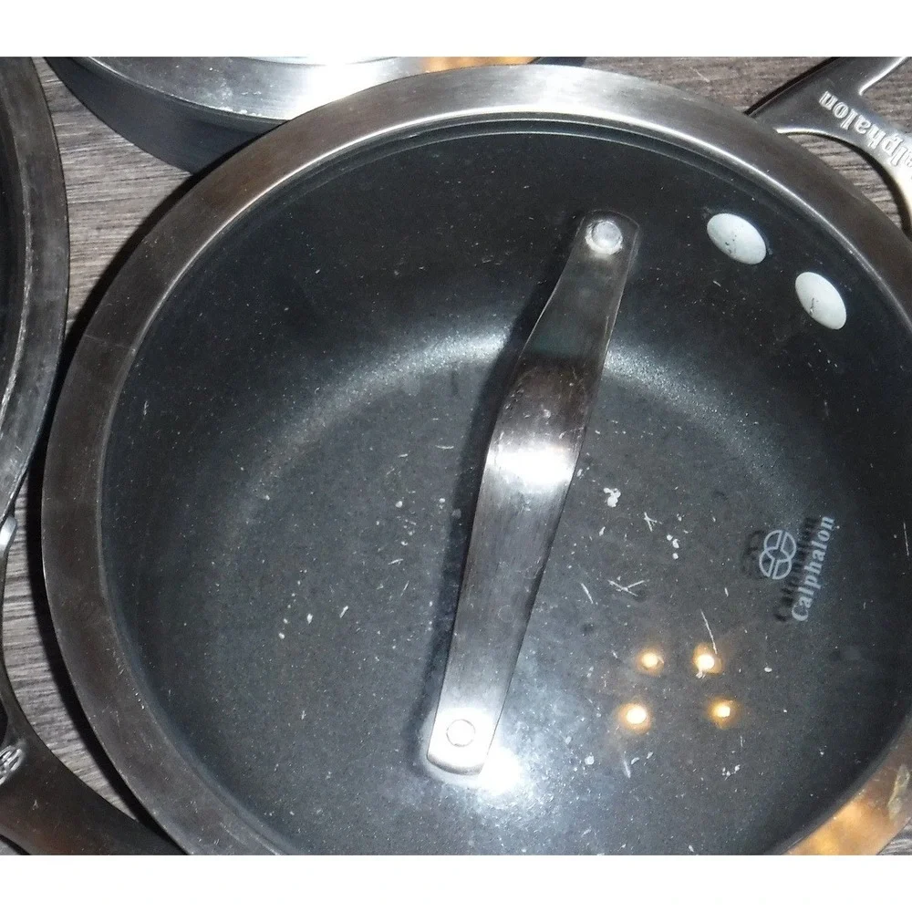 Calphalon Sauce Pan Set 2.5 Qt & Small Pot Gray Nonstick Good Condition Lids